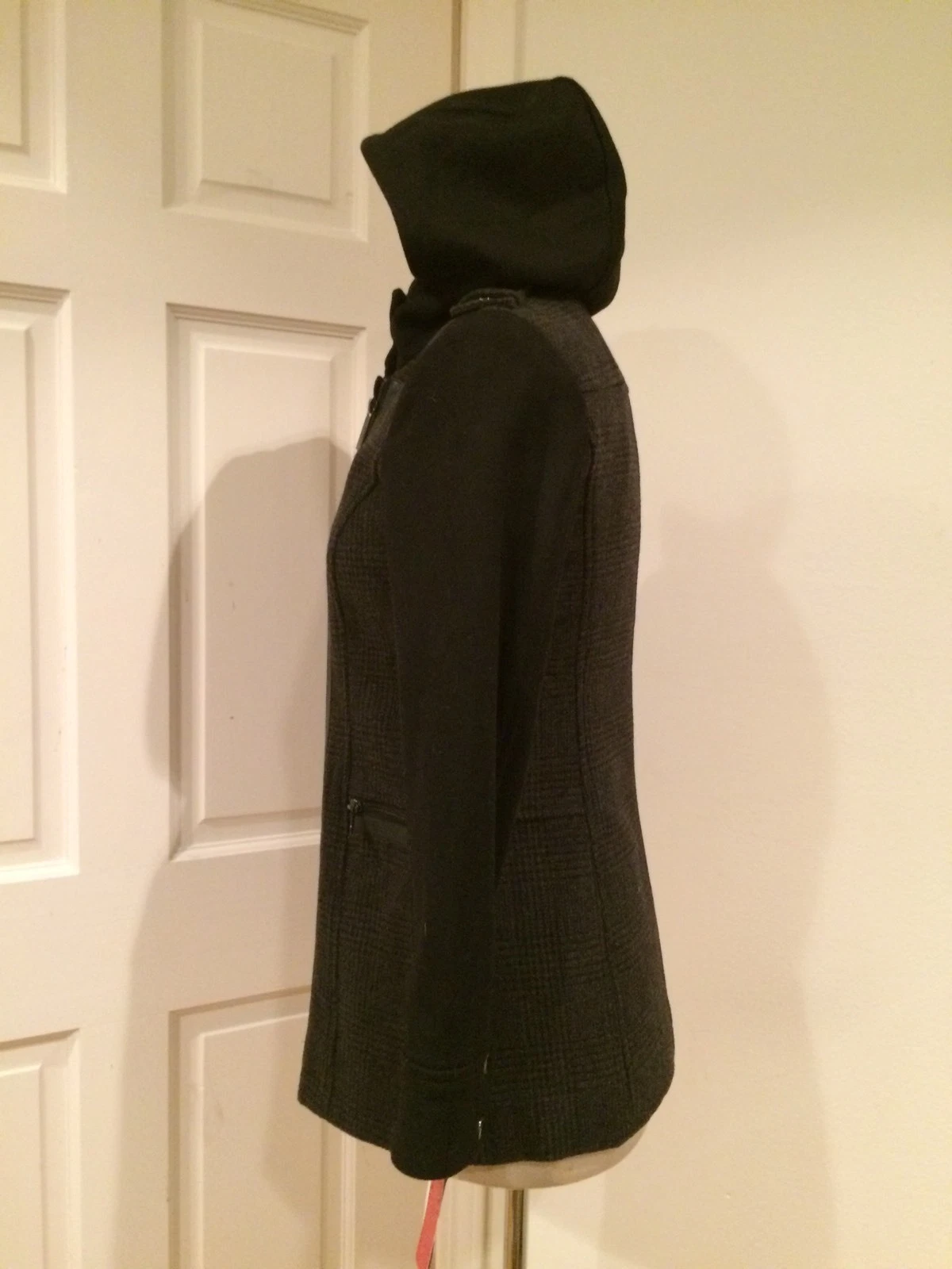 Cappotto asimmetrico Michael Kors zip misto lana trench cappuccio nero grigio 2P nuovo con etichette $360