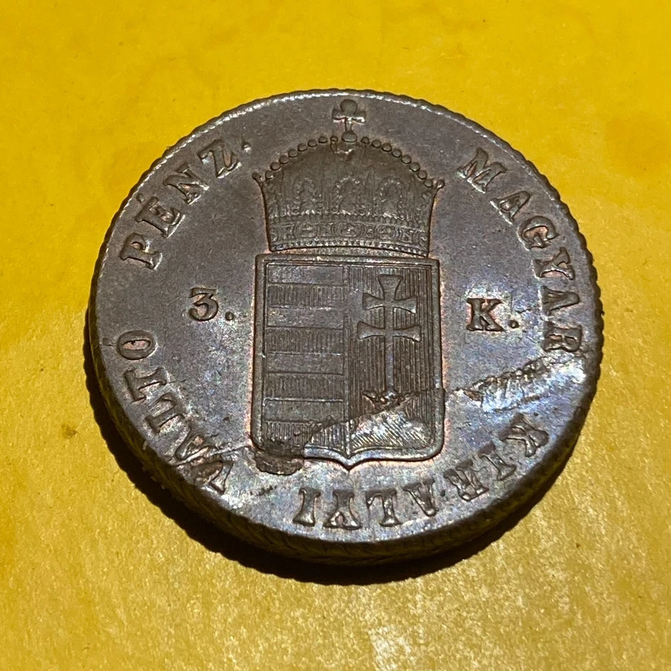Moneda de cobre 1849 Hungría Guerra de Independencia 3 Krajczar alto grado (algunos rojos) Foto 2 de 4