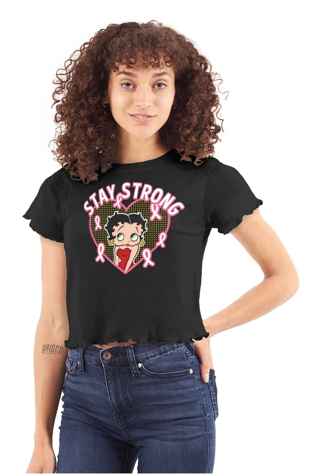 Betty Boop Breast Cancer Stay Strong Cartoon Womens Lettuce Trim Crop Top Foto 3 de 4