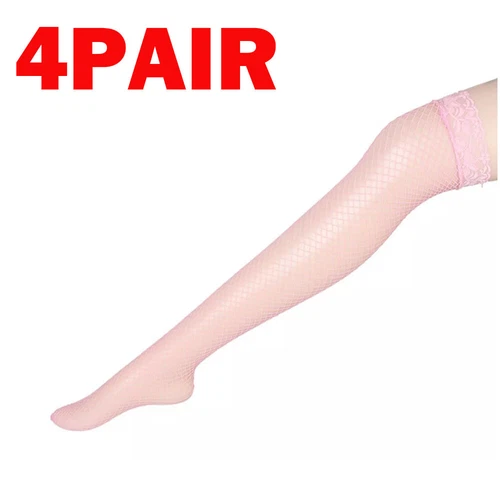 4 Pair Pink Women Stockings Lace Mesh High Thigh Fishnet Sexy Long Pantyhose - Picture 9 of 14