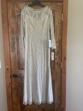 Adrianna Papell Women's Beaded Long-Sleeve Gown 10, Biscotti, NWT