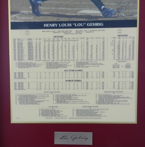 Lou Gehrig Limited Edition Cope Sammlung gerahmte Stat Plakette # 373 von 1000 COA - Bild 3 von 8