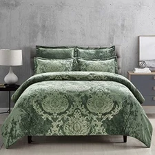  Metallic Print Comforter Set, Distressed Velvet Face Queen Blackish Green Gold