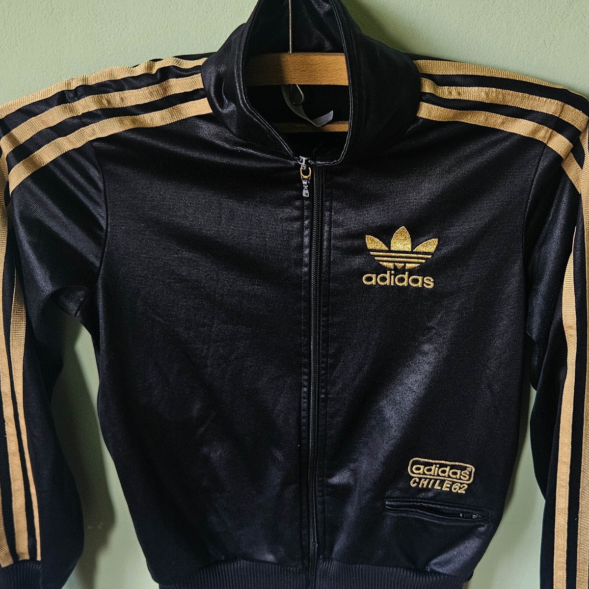 Vintage Adidas Track Jacket Chile 62 Black Gold woman's Sz 34