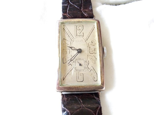 WORKING ROLEX CURVED ART DECO WRISTWATCH TRIPLE SIGNED SILVER CASE LARGE NUMERAL
