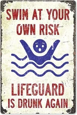 Pool Sign-'Swim at Your Own Risk'-Vintage Metal Funny Metal Signs for Decor Outd