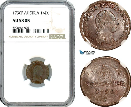 AK194, Austria, Joseph II, 1/4 Kreuzer 1790 F, NGC AU58BN, Top Pop, Rare!