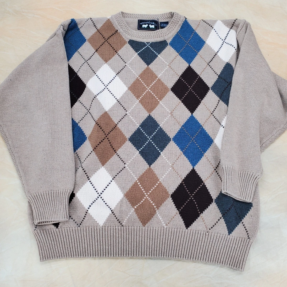 VTG Woods & Gray Argyle Sweater Mens L Knit Crew Neck Tan Blue