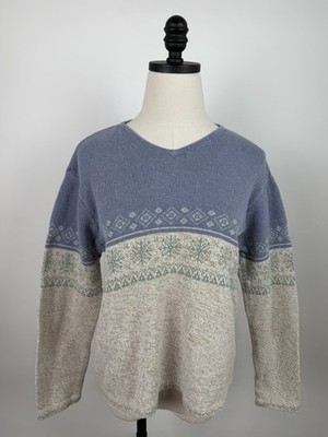 Vintage Fair Isle Sweater Women Petite Medium PM Beige Cotton Knit Color Block