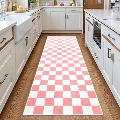  Pink and White Checkered Area Rug for Kitchen,2x6 Runner Rugs Washable with 