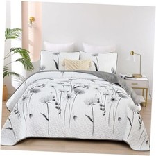 Size Quilt Set Floral,3 Pieces  White Quilts Coverlet Set Flower King Grey