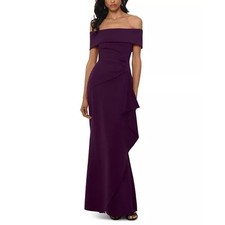 Xscape Women's Ruffled Off-the-Shoulder Gown, Plum Purple Size 14