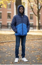 Eddie Bauer Boys Down Reversible Hooded Puffer Jacket Blue Medium 10-12