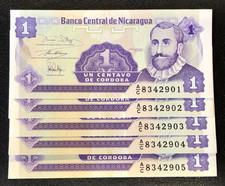 (5)x 1991 Nicaragua 1 Centavo CONSECUTIVE SERIAL # s Banknotes Currency UNC!