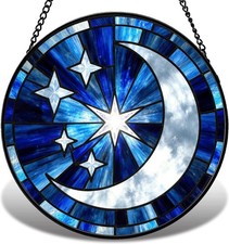 7.9in Moon  Star Stained Glass Suncatcher Window Hanging Celestial Decor