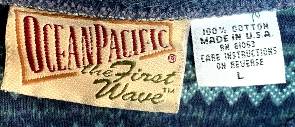 Винтажная мужская рубашка Ocean Pacific большой синий геометрический ацтекский карман сделано в США 90-е годы. - Изображение 2 из 4