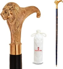 Antique Vintage Solid Brass Lion Head Handle Wooden Walking Stick - Handmade