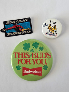 BUDWEISER PATCH & PIN LOT BUD LIGHT RODEO SPUDS MACKENZIE THIS MC BUDS FOR YOU