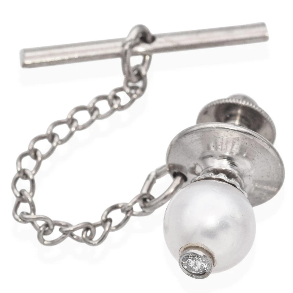 Corbata vintage de oro blanco de 14K con perlas y diamantes Foto 2 de 4