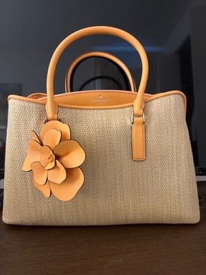 KATE SPADE THOMPSON STREET SMALL SATCHEL CROSSBODY BAG STRAW FLORAL CHARM PEACH