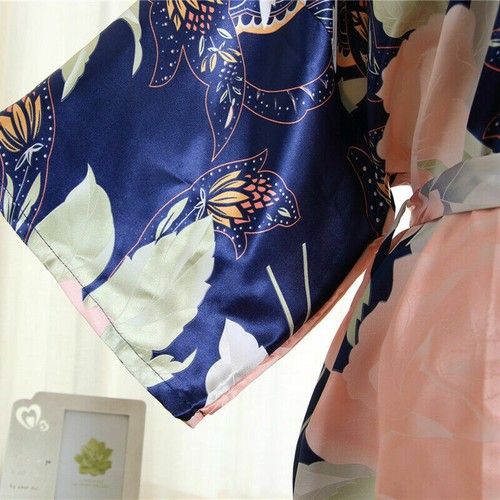Women Satin Bathrobe Faux Silk Floral Japanese Kimono Pajamas Sleepwear Robe - Picture 9 of 17