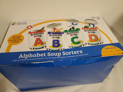 Learning Resources Alphabet Soup Sorters Cans with Lids Cardboard Pictures ABC