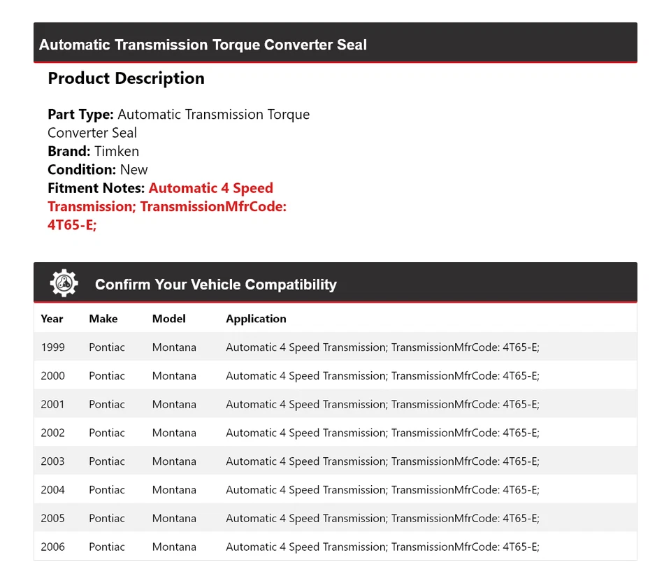 Sello convertidor de par transmisión automática para Pontiac Montana 1999-2006 Timken 2000 2001 Foto 2 de 4