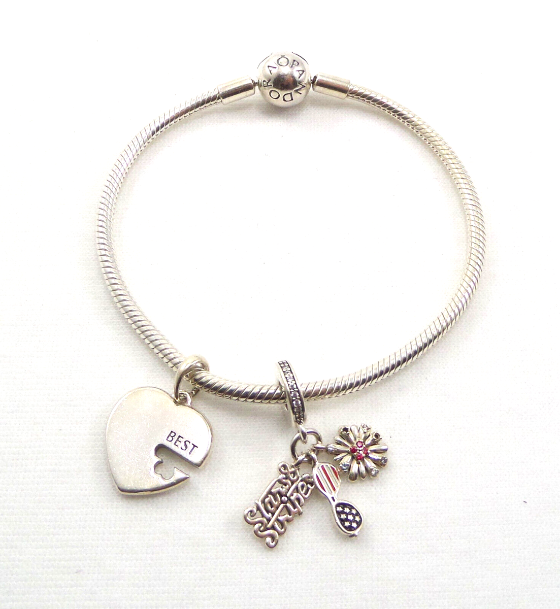 Authentic Pandora Sterling Bracelet Charms Heart Stars Stripes 