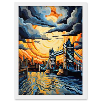 London Tower Bridge Dramatic Sunset Vibrant Artwork Framed Wall Art Print A3