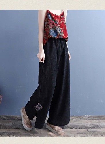 Retro Women Cotton Linen Casual Loose Chinese Embroidered Wide Leg Pants Trouser - Picture 16 of 28