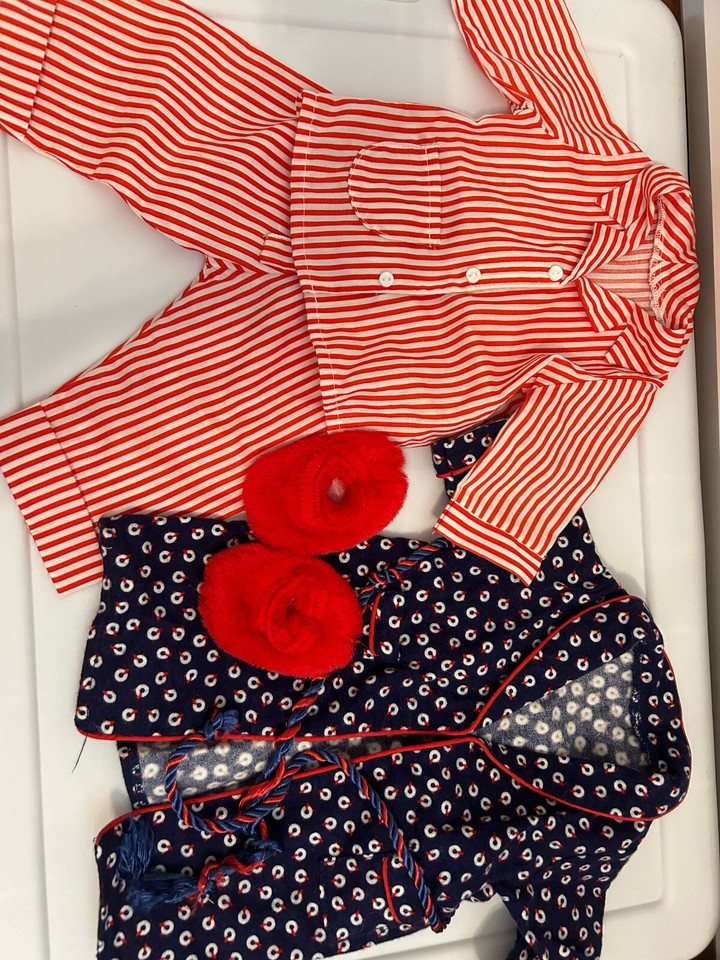 American Girl Doll Molly Red Striped Pajamas, Blue Robe PJ,and Slippers