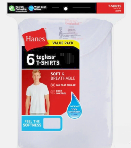 6 PACK Hanes Men's Comfort Soft Crewneck Tagless T-Shirts White Size L and 2XL
