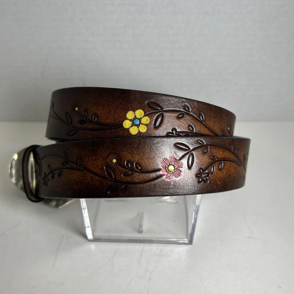 Cinturón Brighton Cuero Tooled Marrón Flores Talla L 34 Hebilla Corazón B20264 Boho  Foto 3 de 4