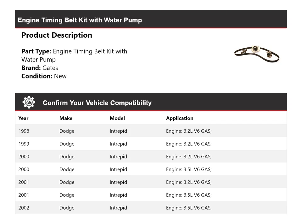 Kit de correa de distribución de motor Dodge Intrepid 1998-2002 con puertas de bomba de agua 1999 Foto 2 de 4