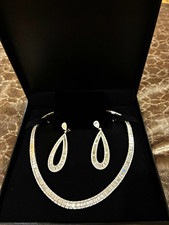 Silver Tone Clear Crystal Rhinestone Necklace & Drop Earrings Jewelry Set