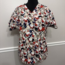Santa Claus Print Scrub Shirt Top Women Sz M Short Sleeve V-Neck Pockets Nurse