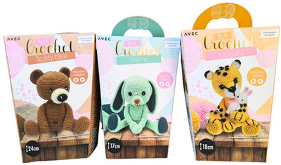 Tier Häkelset Komplettset  Hase 17cm, Leopard 18cm, Teddybär 24cm   Acrylgarn