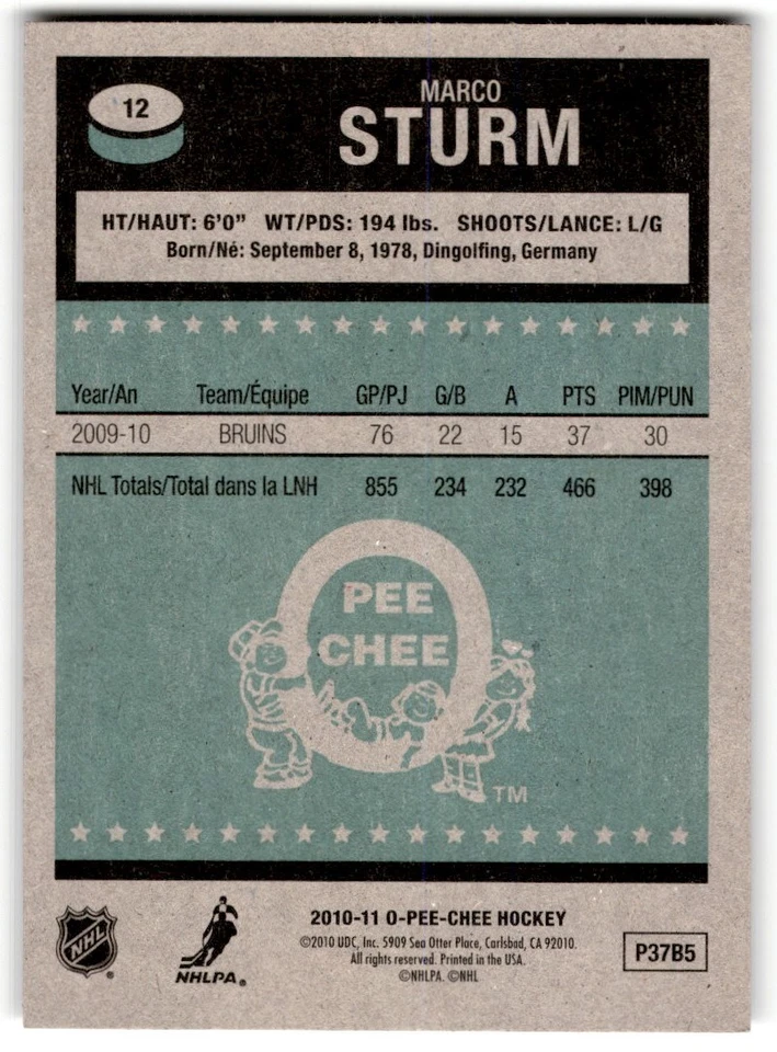 Marco Sturm 2010-11 O-Pee-Chee Retro #12 Boston Bruins - Image 2 of 2