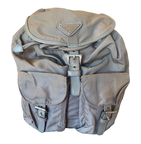 PRADA Authentique Petit Sac à Dos Re Nylon Double Poche Gris avec Cordon & Snap