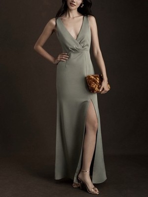 Anthropologie BHLDN Piper V-Neck Side Slit Satin Maxi Gown 10 Moss Formal Gala