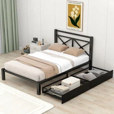 Twin Full Queen Size Platform Bed Frames with 2 Storage Drawers Metal Bed Frames