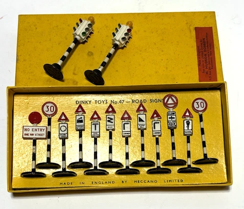 Vintage Dinky Toys #47 Road Signs Set Of 12 British Road Signs  2 traffic lights