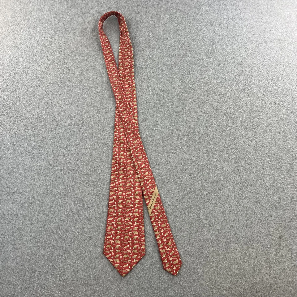 Salvatore Ferragamo Tie Mens Red Gold Animal Print Safari Necktie Made in Italy - Image 3 of 4