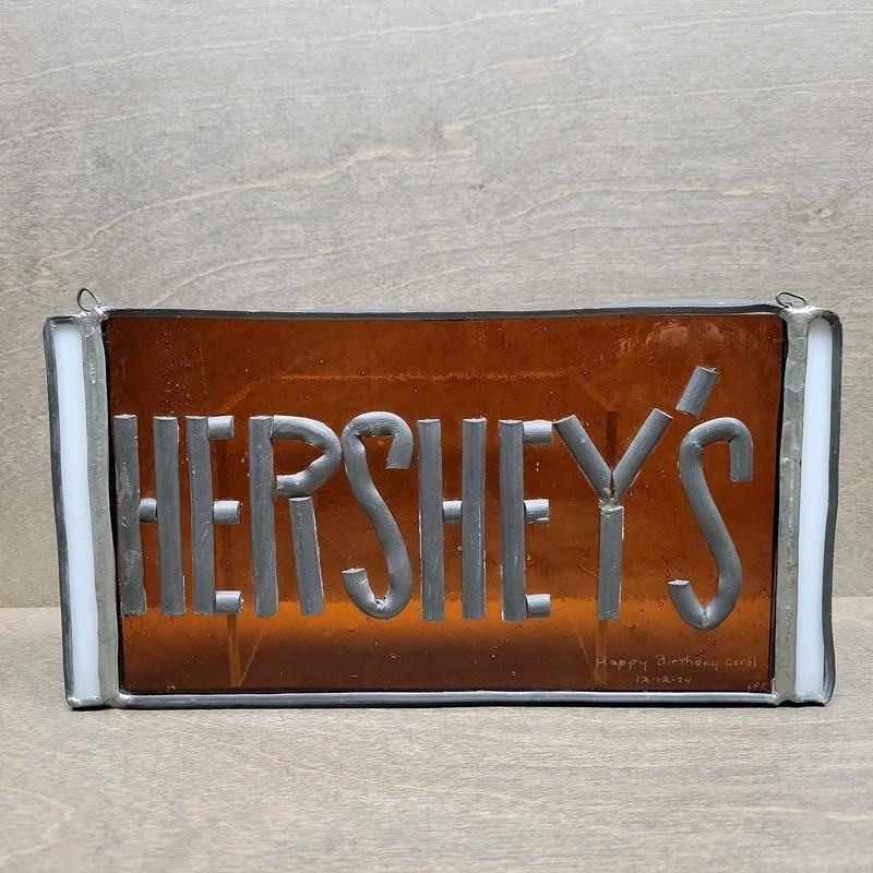 READ - Hershey's Chocolate Stained Glass Hanging Suncatcher Sign Dated 1974
