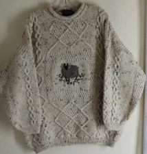 Acorn Sz L SHEEP Aran Wool Art-to-Wear Fisherman Knit Sweater Jumper