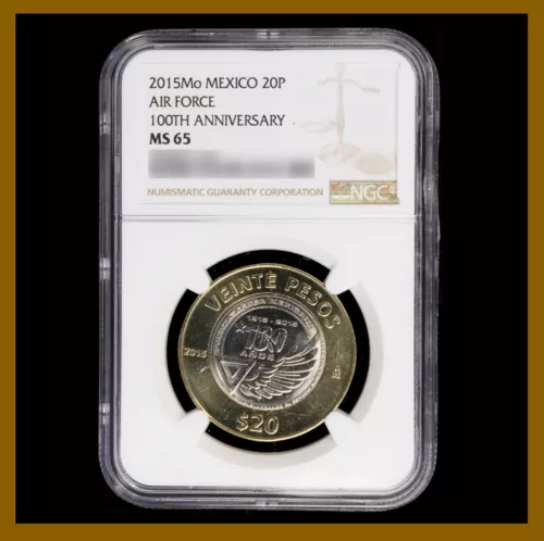 Mexico 20 Pesos Coin, 2015 Bimetallic 100th Anniversary Air Force NGC MS 65