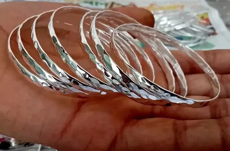 Solid 925 sterling Silver Bracelet Bangle, set 7 Of Silver Handmade Mother's Day - Image 2 of 4