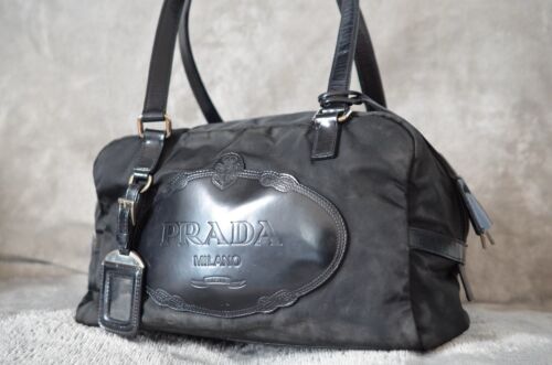 PRADA Tessuto Logo embossing Shoulder Bag Handbag Mini Boston Bag Black Nylon