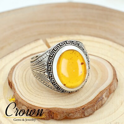 Baltic Amber Oval Cut 925 Sterling Silver Handmade Men's Ring Jewelry