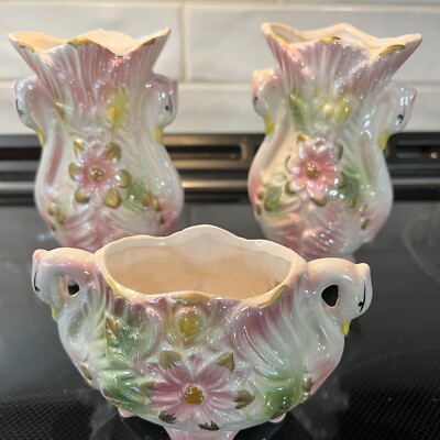 Swan Vase Pearlized Pink Floral Footed Lusterware 3 Piece Set